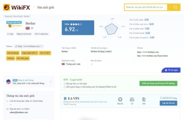 Điểm số cao ngút của sàn BERTHAR trên WikiFX (ảnh chụp màn hình ngày 4/11/2021).